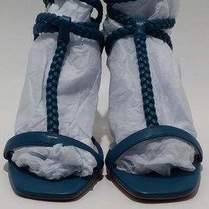 AVEC LES FILLES Teal Heel Leather Braided Sandals